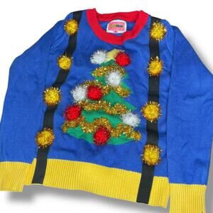 Tipsy Elves Mens Large Christmas Tree Sweater Suspenders Ugly Pom Ornaments